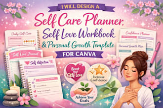 design a personal growth template, self care and self love workbook for canva