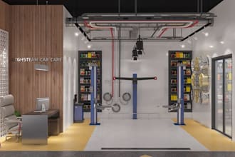 render3d car wash exterior,lubricant store design,cgi carport,parking area decor