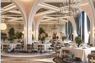 remodel modern restaurant layout, cafe interior design, open kitchen rendering