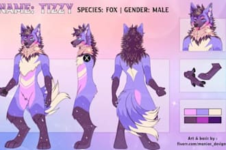 draw a detailed furry reference sheet and character design for your oc