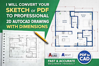 convert pdf sketch to professional 2d autocad drawing with dimensions