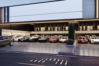 visualize 3d cgi car showroom exterior, parking stall design,auto gallery layout