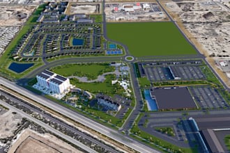 render 3d mixed use development,estate housing masterplan, cgi city parks design