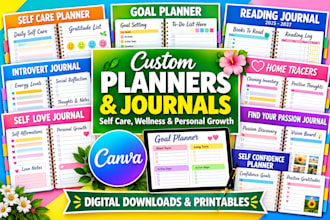 design canva editable digital planners, self care and wellness planners