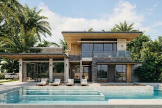 design 3d tropical villa exterior, garden landscape, residential resort render