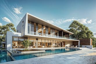 convert autocad to 3d visualization, render modern sea villa exterior, landscape