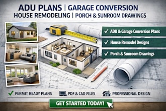 do adu garage conversion plan, house remodeling, sunroom, porch permit drawing