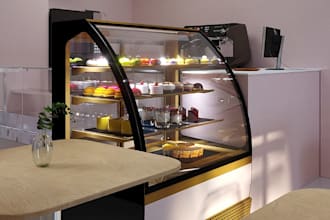 fix 3d chocolate shop,cake store interior,restaurant design,counter space render