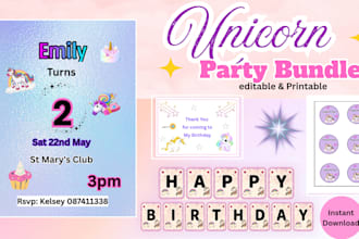 create unicorn party bundle printable decorations editable invite banner toppers