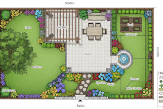 design a detailed 2d colored landscape plan siteplan and patio for your home