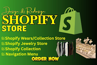 design wear, clothing, and jewelry shopify store with navigation and collections