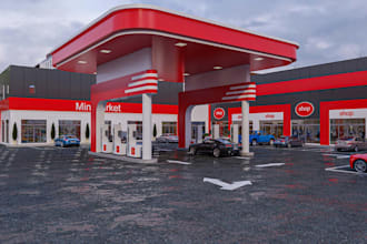 3d gas station design,cgi exterior, convenience store,car park,restaurant render