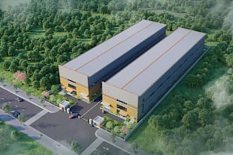 renew 3d industrial warehouse complex, factory building exterior, corona render