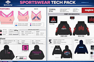 design detailed sportwear and activewear tech pack for manufacturers
