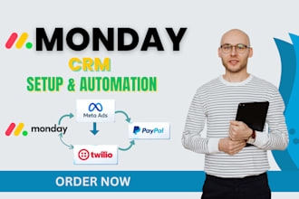 set up monday CRM automation with meta ads, twilio, paypal and power bi
