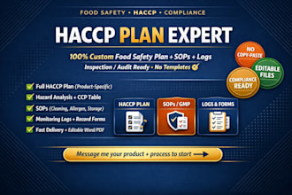 write haccp plan, allergen control, gmp, sops, ccp and food safety plan