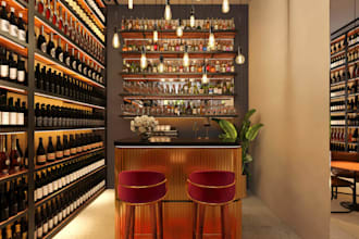 enhance 3d wine store interior,display bar counter render,liquor showroom design