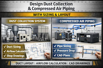 design dust collection compressed air piping with sizing layout and shop drawing