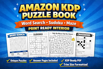 create amazon KDP puzzle book interior with word search sudoku maze, crossword