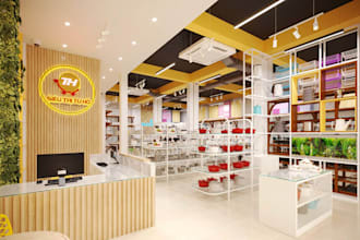 modern 3d cgi interior,mini supermarket,counter space, shelve design,kitchenware