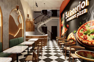 do 3d render retail stores, coffee shop, cafe and restaurant pizza, wine bar