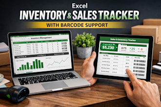 create an excel inventory management and sales tracker spreadsheet with barcode