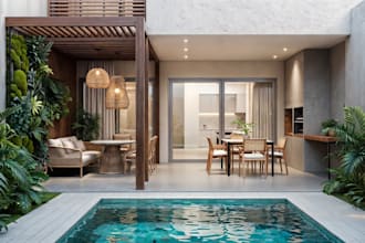 make interior design for 3d render apartment backyard garden, swimming pool