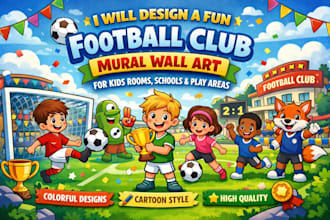 design a fun football club mural wall art for kids rooms, schools, and play area