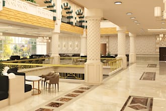 create 3d motel render, hotel bedroom, lobby design, 3d restaurant café design