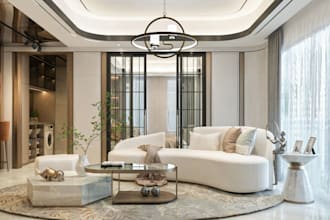 remodel studio apartment, curved furniture layout, bedroom, laundry,panty design