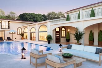render and redesign 3d villa exterior elevation,terrace,greenary, landscape,pool