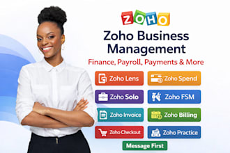 setup zoho lens, spend, solo, fsm, invoice, billing, payroll, checkout, practice
