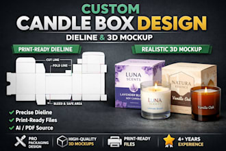 candle box packaging with dieline and realistic 3d mockup
