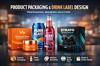 do brand product packaging box design, drink labelling and mordern branding