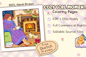 cozy girl coloring pages for adults KDP and etsy