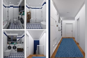 create realistic 3d interior design for kitchen bathroom spa bar and living room
