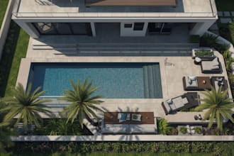 design backyard swimming pool, pool landscape, patio, and outdoor living area