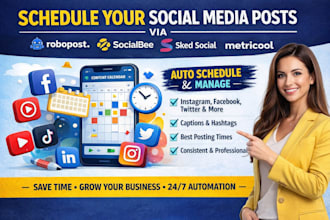 schedule your social media posts via robopost, socialbee, sked social, metricool