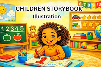 children storybook illustration, illustrate colourful cartoon storybook kid book