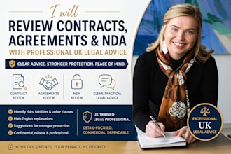 act as UK solicitor ndas review, contract review, legal advice, legal drafting