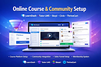 setup learndash, tutor lms website, skool, circle community, thrivecart funnel