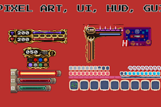 create pixel game ui pixel hud, gui, frame, pixel bar, asset, item for any game
