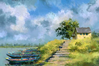 do impressionist landscape, house, building in digital oil painting illustratio
