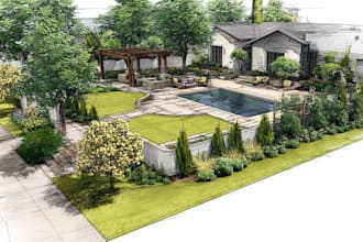 design backyard, frontyard, pool, patio as a landscape