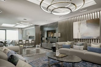 modern 3d interior penthouse, indoor house architecture, furniture living space