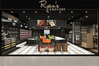 3d indoor grocery store, counter butcher shop design, hangout space,mall render