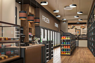 3dfunctional supermarket interior,retail store design,grocery shop,counter space