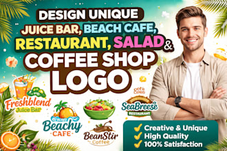 design unique juice bar, beach cafe, restaurant, salad and coffee shop logo