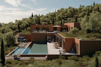 render brick stone luxury villa exterior, external spa design, cgi pool garden