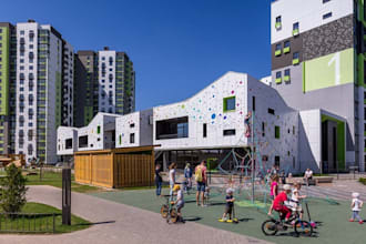 renovate 3d kindergarten interior, playground exterior, colorful facade render